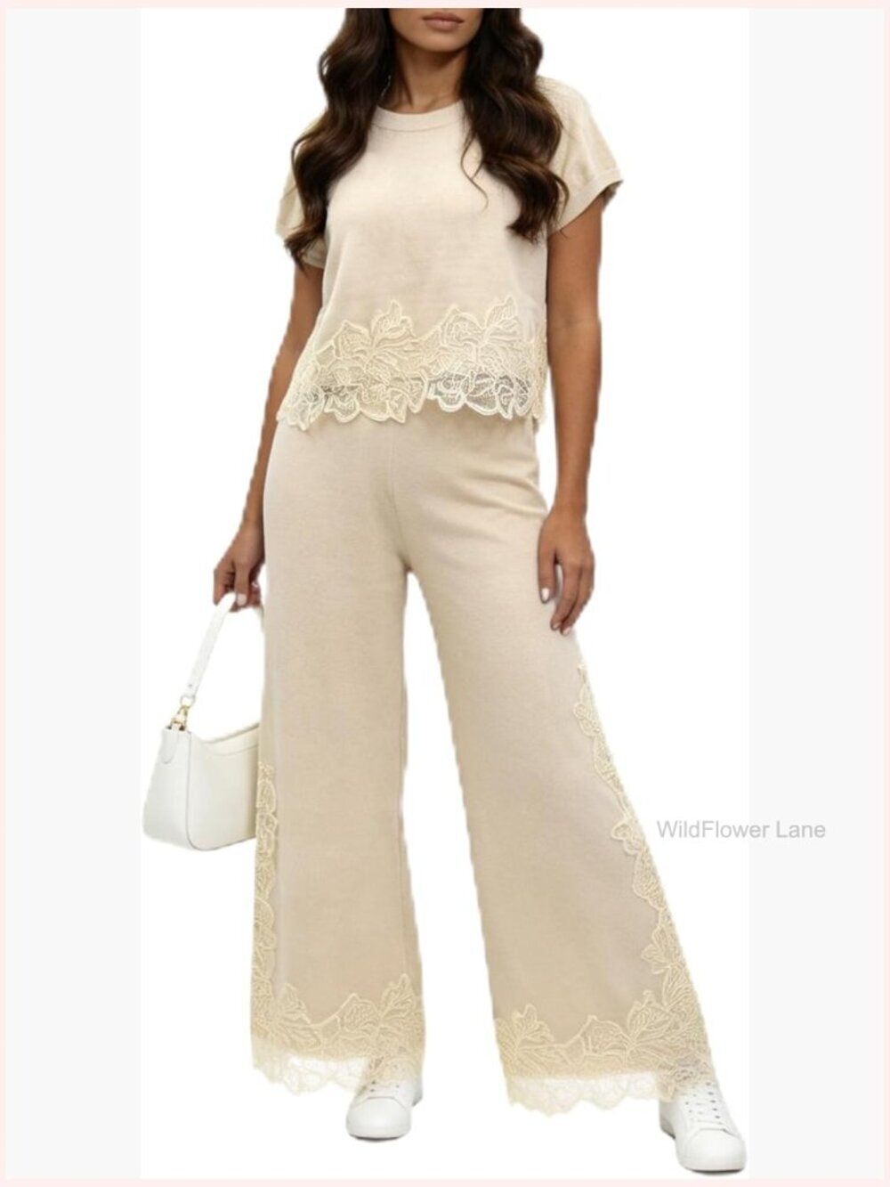 Cotton Spandex Lace Trim Crop Top Blouse 2 Piece Set